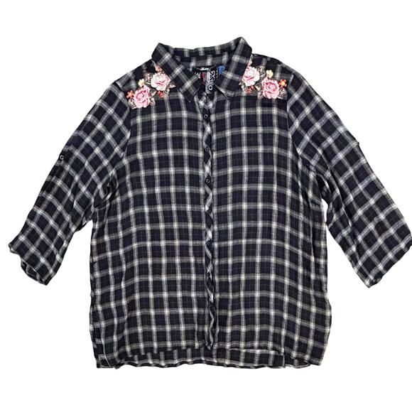 Andree by Unit Boho Embroidered Plaid Tunic Blouse 1X Roll Tab Sleeve Western - Picture 4 of 16